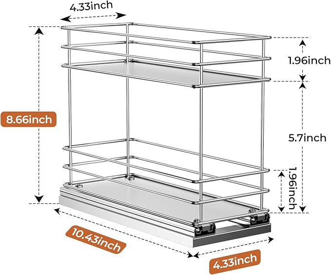 Pull Out Spice Rack Organizer for Cabinet, Slide Out Spice Racks, Easy to Install, 4.33" Wx10.43 Dx8.66 H, 1 Drawer 2 Tiers(Silver)