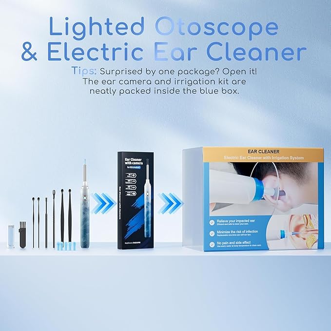 Earwax Removal - Electric Ear Irrigation Kit with 4 Pressure Modes, Ear Cleaner with Camera, 1080P Otoscope, Ear Cleaning Tool with 7-Piece Set, Earwax Removal Kit for Daily Cleaning-Bluewhite