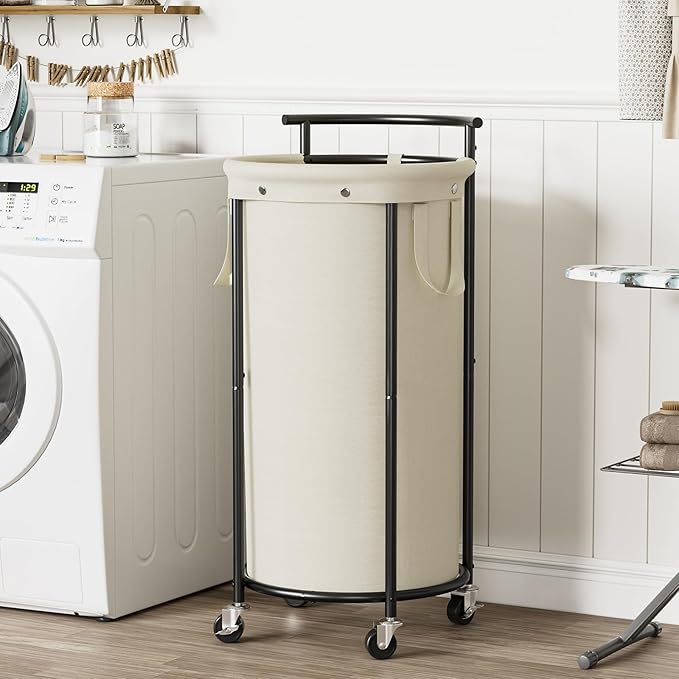 Chrislley 110L Laundry Hamper with Wheels,Rolling Laundry Basket with Removable Bag,Round Iron Laundry Cart with Steel Frame and Handle,Dirty Clothes Hamper Organizer for Dorm,Laundry Room(Beige)