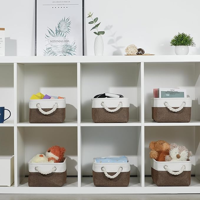 Bidtakay Collapsible Fabric Storage Baskets with Handles for Organizing [6 Pack] Canvas Small Storage Bins Shelf Baskets for Clothes Closet Rectangle Baskets 11.8 X 7.8 X 5 Inches(White&Earthy Brown)