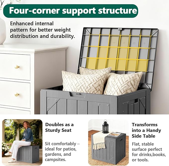 Outdoor Storage Box,30 Gallon Deck Box Outdoor Storage Bench Outside Waterproof Resin Storage Bench, Lockable Patio Cushions, Garden Tools Storage For Furniture, UV Resistant(Gray