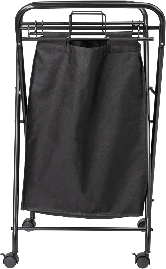 Household Essentials Rolling Laundry Hamper, Heavy Duty Canvas Bag, 2 Load Capacity, Foldable Frame, Black Bag with Velcro Fasteners, Black