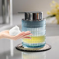 Glass Foam Soap or Lotion Dispenser, Refillable Liquid Dispenser with Large Silver Pump (Striped Pattern-Blue)
