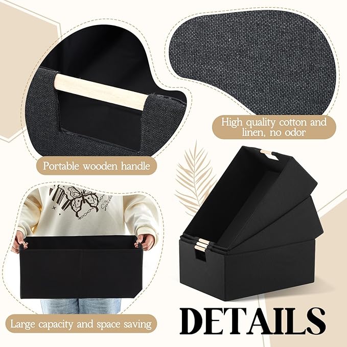 3 Pack Fabric Storage Bins for Closet Shelves, Rectangle Wardrobe Organizer with Handle, Collapsible Shelves Storage Basket for Sorting Clothes and Toy (Black,16.5 x 12.2 x 6.7 Inch)