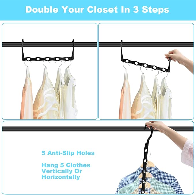 DUCOO 10 PCS Space Saving Hangers, 5-Hole Magic Hangers - Sturdy Plastic Hanger, Closet Organizers for Clothes Storage, College Dorm Essentials, Home Organization (Black)