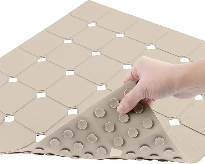 MEIMEIDE Shower Mat Non Slip 21"x21" Silicone Foldable Bath Mat with Suction Cups & Drain Holes, Odorless, Eco-Friendly & Durable, Machine Washable Shower Stall Mat for Adults, Seniors Beige
