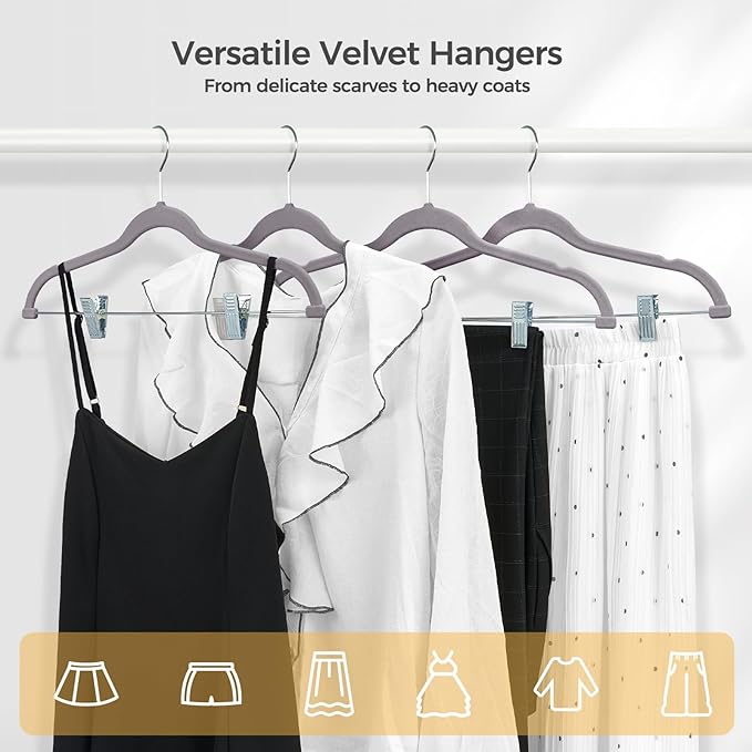 HOUSE DAY Velvet Hangers with Adjustable Clips 30 Pack, Non-Slip Suit Organizer with 360° Hook - Heavy Duty Hanger for Pants, Skirts, Blouses, Dresses - Outfit Hangers All-Season Space Saver (Grey)