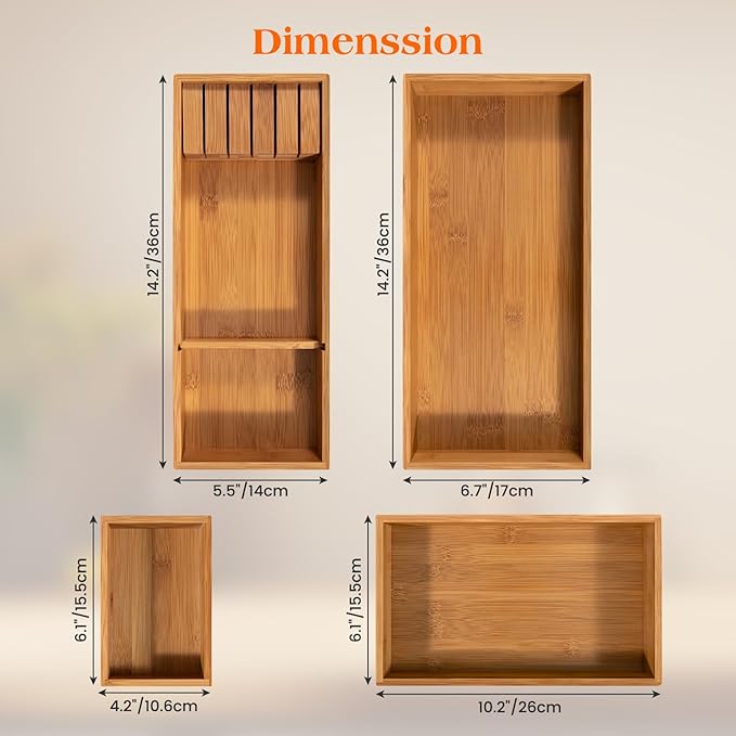 Carbonized Bamboo Kitchen Silverwar Drawer Organizer,14.2 inch Length Natural Utensil Flatware Organizers Tray Storage for Spoons Forks & Knives