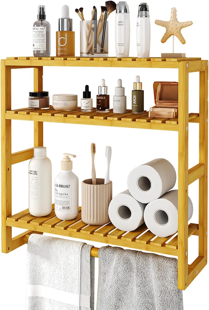Over The Toilet Storage Bathroom Shelves Wall Mounted 3 Tier Space Saver Corner Shelf Organizer Bamboo Towel Rack Toilet Paper Cabinet with Hanging Rod Yellow