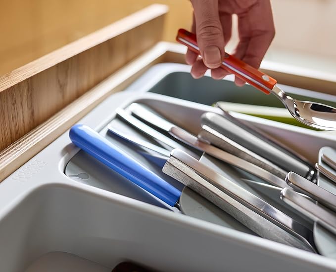 Joseph Joseph DrawerStore Expanding Tiered Flatware Cutlery, Utensil, and Gadget Tray, Expandable In-Drawer Kitchen Space-Saving Organizer, Recycled Plastic