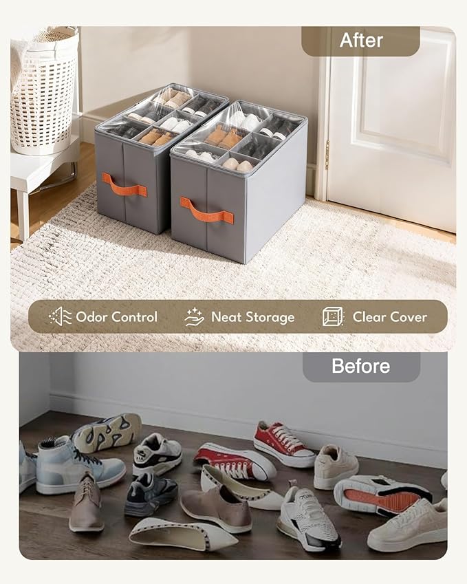 Smell Proof Shoe Organizer for Closet - Adjustable Dividers & Clear Lid. Foldable Shoe Storage Box with Activated Carbon Lining for Gym Sneakers, Running Shoes & Boots