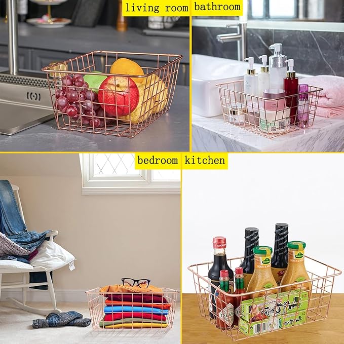 4 Pack Wire Baskets for Pantry Metal Wire Freezer Organizer Bins with Handles, Metal Basket Rose Gold Wire Baskets for Storage Organizing Office, Kitchen Cabinets, Bathroom, Countertop