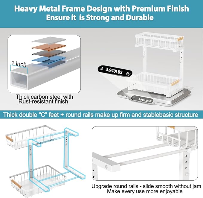 Under Sink Organizer 2 Pack, 2 Tier Slide Out Large Capacity Height Adjustable Under Sink Organizers and Storage for Kitchen Bathroom Cabinet, White