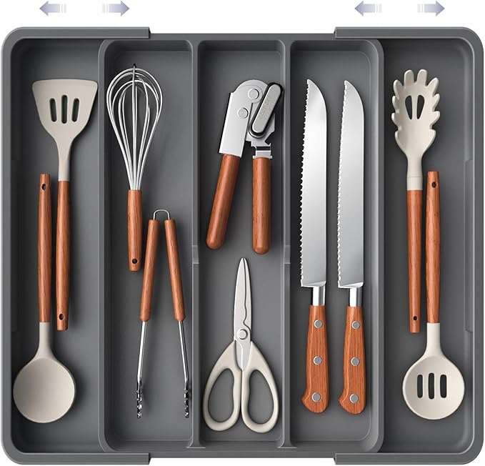 Aujen Silverware Organizer - Expandable Kitchen Drawer Organizer, Adjustable Utensil Organizer, Cutlery Tray for Forks, Knives, Multipurpose Kitchen Organizers and Storage Solution, Grey, X-Large