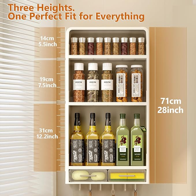 Spice Rack Kitchen Pantry Organizer and Storage - 3 Tier with Drawers and Hooks Kitchen Shelf for Spice Jars and Seasonings, No Drilling Adhesive Wall Mounted Hanging Home Organization