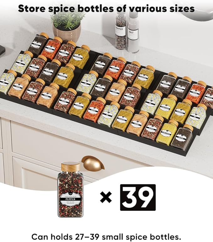 Artibear Aluminum Spice Drawer Organizer, Spice Rack Tray for Kitchen Cabinet, 9 Pieces Set-Expandable Seasoning Storage Rack From 8"-24" Insert for Drawer/Countertop (Jars Not Included)