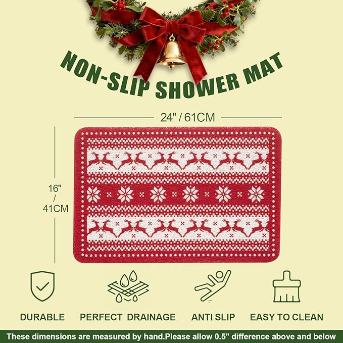 Hargiis Christmas Non-Slip Bathtub Mat, Anti Slip Shower Mat, Fast Drying Bathtub Mats, Foot Scrubber Mat, Anti Slip Mat for Tub, Floor, Bathroom, Kitchen, Home, Hotel (Reindeer Snowflake, 24"x16")