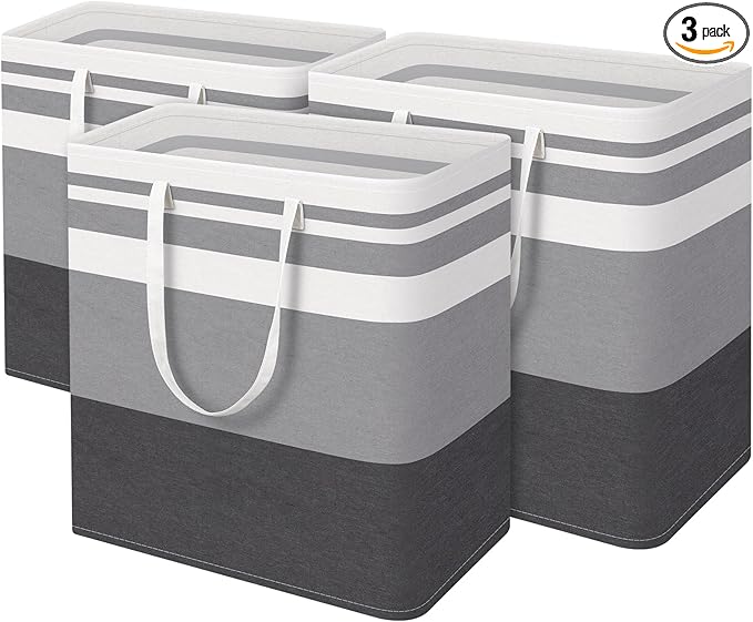 HomeHacks 3-Pack Large Laundry Basket, Waterproof, Freestanding Laundry Hamper, Collapsible Tall Clothes Hamper with Extended Handles for Clothes Toys in the Dorm and Family-(Gradient Grey, 100L)