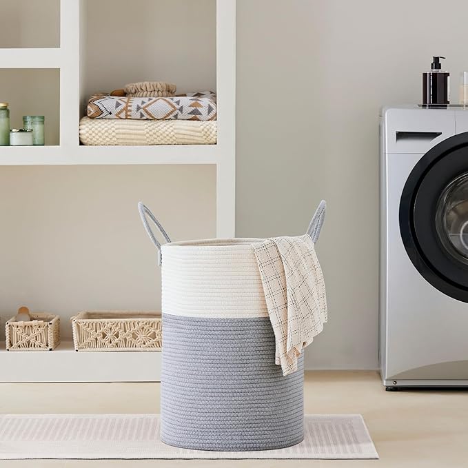 VIPOSCO Large Laundry Hamper, Tall Woven Rope Storage Basket for Blanket, Toys, Dirty Clothes in Living Room, Bathroom, Bedroom - 58L Grey & White