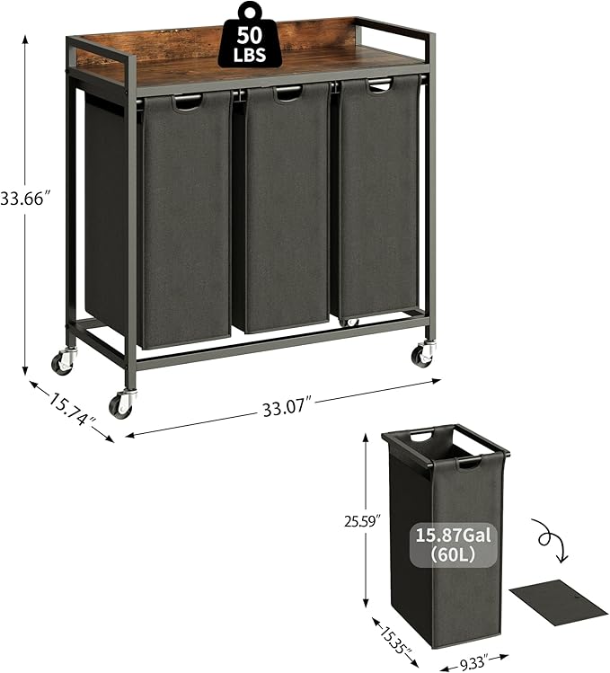 Laundry Hamper with Shelf, Laundry Basket 3 Section, Laundry Sorter with Pull-Out Removable Large Bags and Movable Wheels, Metal Frame, 3 x 15.87 Gallons (60L), Rustic Brown + Black PF04XLY
