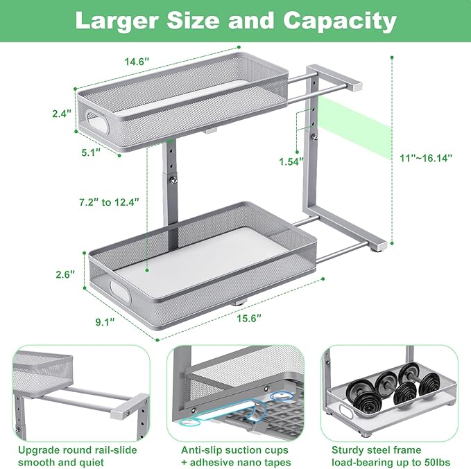 Under Sink Organizer, High Adjustable 2 Tier Under Sink Organizers and Storage, Slide Out Metal Cabinet Organizers, Pull Out Sink Storage Drawer Shelf for Kitchen Bathroom Cabinet, Grey, 1 Pack