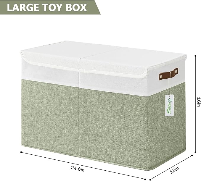 Large Toy Storage Box with Lids, Collapsible Sturdy Baby Storage Organizer Chest Bin Basket for Kids, Boys, Girls, Playroom, Nursery, Bedroom, Closet 25"x13"x16" (Green and White)
