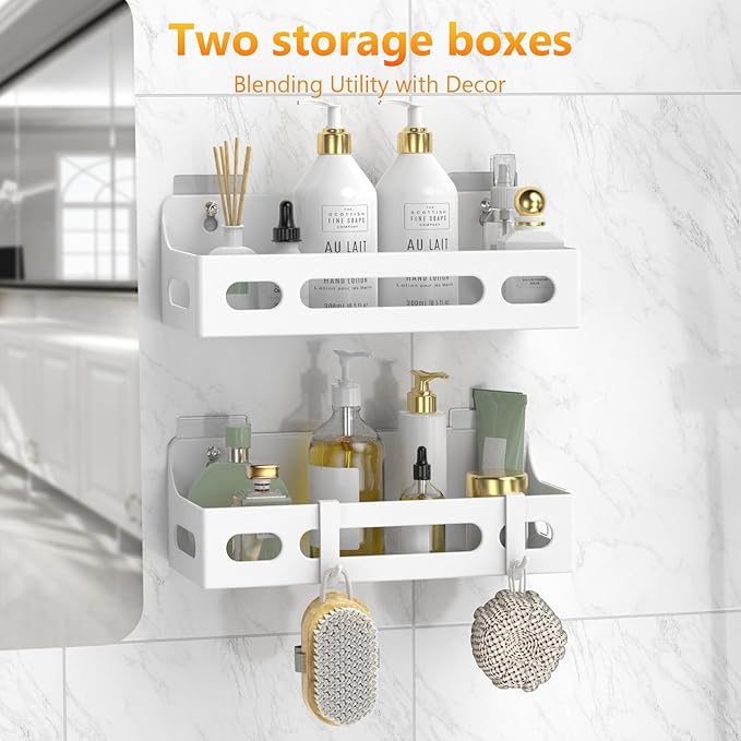 Shower Caddy Adhesive, No Drill Bathroom shower Organizers, with Removable Hooks, Rust Proof Shower Shelves, Self Adhesive Black Bathroom Shelves Basket Home Farmhouse Wall Inside Organization