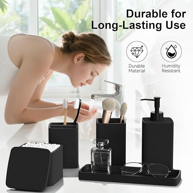 Matte Black Bathroom Accessories Set 5 Pieces, Resin Toothbrush Holders Set Complete with Soap Dispenser, Toothbrush Holder, Vanity Tray, Bathroom Tumbler and Qtip Holder for Small Spaces
