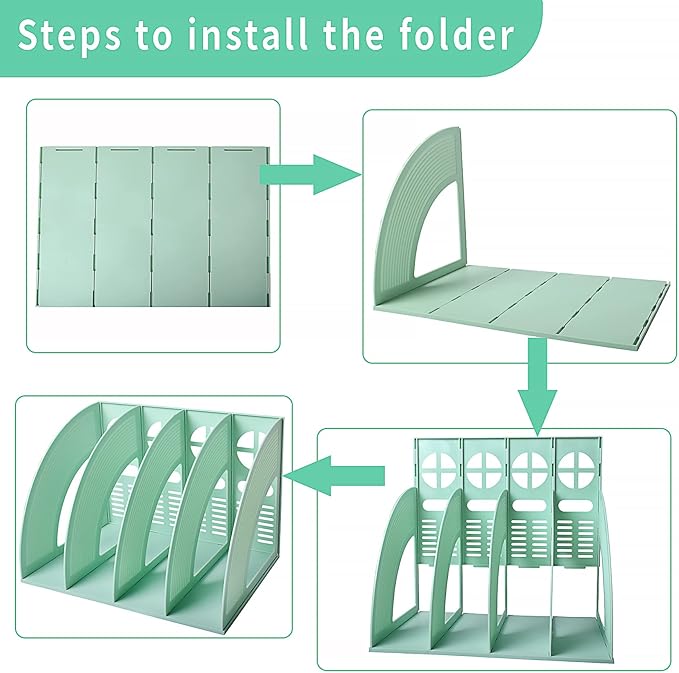 SAYEEC Sturdy Magazine Holder 4 Compartments Plastic Desktop File Organizer File Dividers Office Organizer Storage Document Magaizne Rack Display Box (Green)