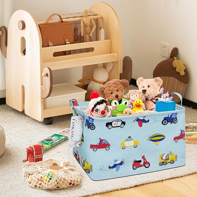 FANKANG Storage Basket,Nursery Hamper Canvas Laundry Basket Foldable with Waterproof PE Coating Storage, Office, Bedroom, Clothes,Toys (Rec-Car)