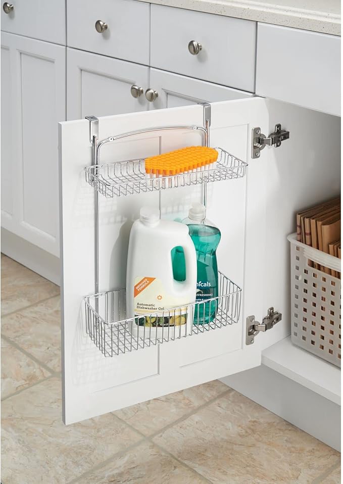 mDesign Over Cabinet Kitchen Storage Unit - Practical Organiser with Stainless Steel Storage Baskets - Hanging Cupboard Organiser for Cleaning Supplies and Cookware - Chrome