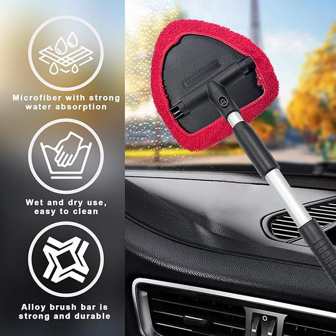 Ziciner Car Windshield Cleaner, Microfiber Auto Cleaning Wiper with Aluminum Extendable Handle and 2 Washable Reusable Cloth Pad Head, Universal Vehicle Interior Exterior Cleaner Kit (Red-Triangle)