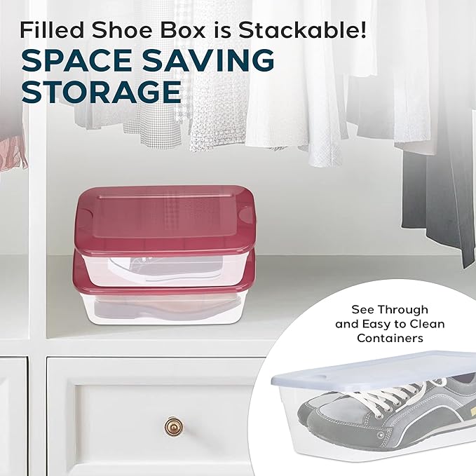 DecorRack 6 Clear Plastic Storage Containers, Shoe Boxes 6 Quart, Stackable, Closet Storage Box, Perfect for Toy Storage, Cat and Dog Food Containers, Assorted Colors (6 Pack)