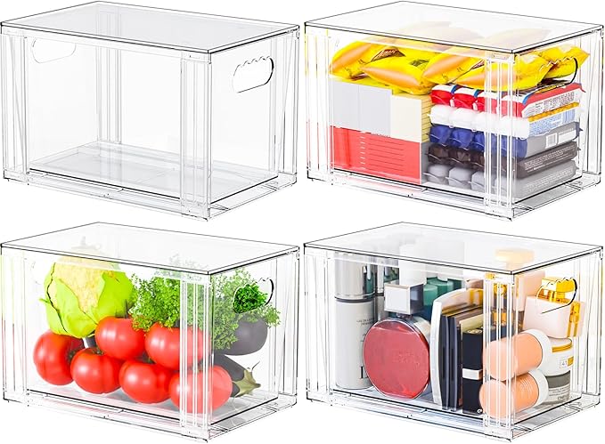 SUOXING 4 Pack Clear Stackable Storage Drawers,7.3″ High Large Baby Bottle Organizer,Bathroom Closet Organizers and Storage,Acrylic Storage Containers and Home Edit Organizer Bins for Cabinets,Pantry