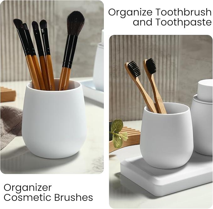 Bathroom Accessories Set, Modern 3 Pcs Bathroom Essentials - Soap Dispenser, Toothbrush Holder & Tray, Countertop Vanity Organizer (White)