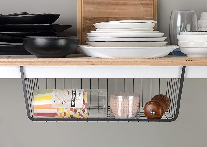 Under Shelf Basket, 6PCS Hanging Storage Basket for Pantry Cupboard Laundry Room Slide-in Baskets Organizer for Kitchen Counter Desk Bookshelf, Space Saving, Easy to Install, Black