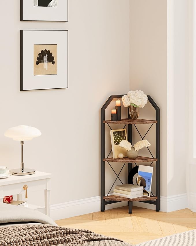 3-Tier Corner Shelf, Industrial Corner Bookshelf, 35.4" Storage Stand, Plant Stand Display Shelf, Bookcase for Bedroom, Living Room, Home Office, Rustic Brown and Black TCJ03BF