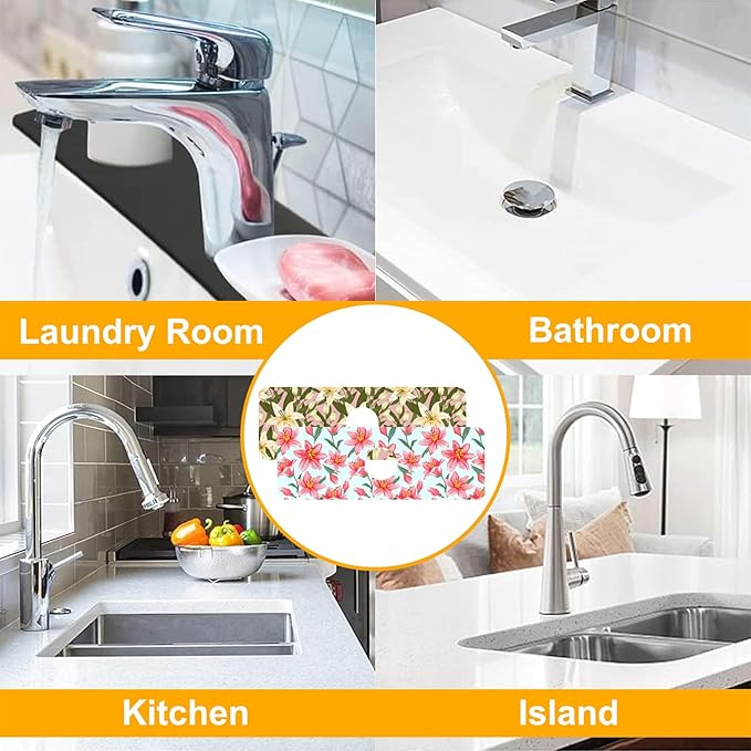 2 Pack Vintage Flowers Leaves Sink Faucet Absorbing Mat Colorful Llilies Super Absorbent Fast Drying Mat Sink Gadgets Behind Faucet Sinkmat for Kitchen Bathroom, 15.5"x5.5"