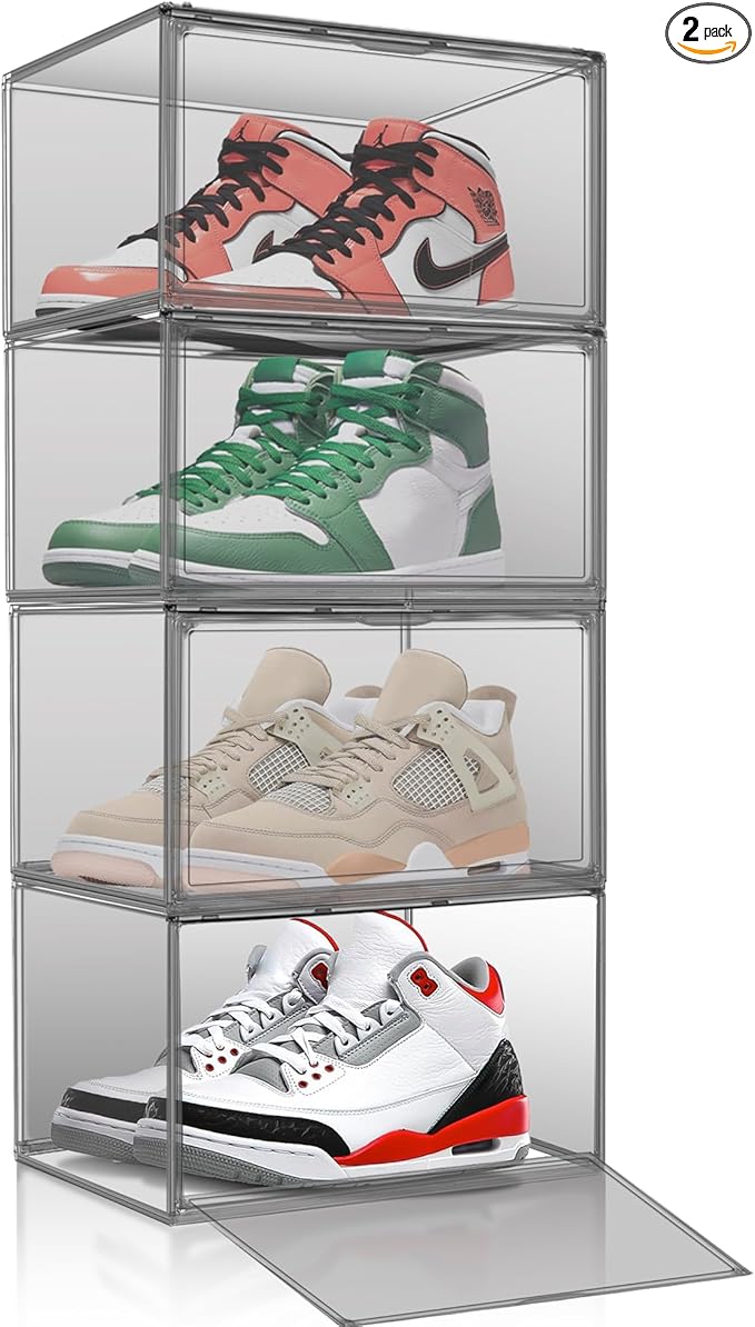 2 Pack Acrylic Shoe Box for Closet Clear Stackable Size 12 Shoe Storage Bins with Magnetic Lids, Stackable Boot Handbag Organizer Containers for Shoes, Figure, Collectible, Purse