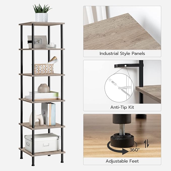 HOOBRO 6-Tier Corner Shelf, Corner Square Rack Display Shelf, Tall Storage Rack Plant Stand, Bookcase for Small Spaces, Living Room, Home Office, Kitchen, Greige and Black BG55CJ01