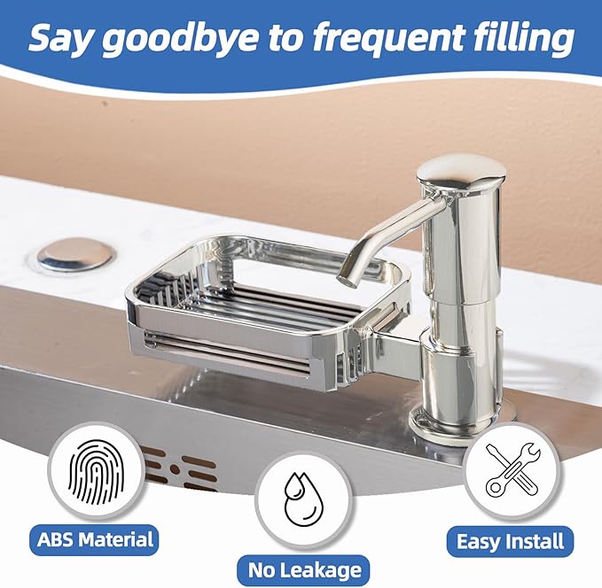 Soap Dispenser for Kitchen Sink, Built in Soap Dispenser Pump with Sponge Holder, Under Counter Brushed Nickel ABS Pump Head with 38" Extension Tube Kit, Good Suction Power