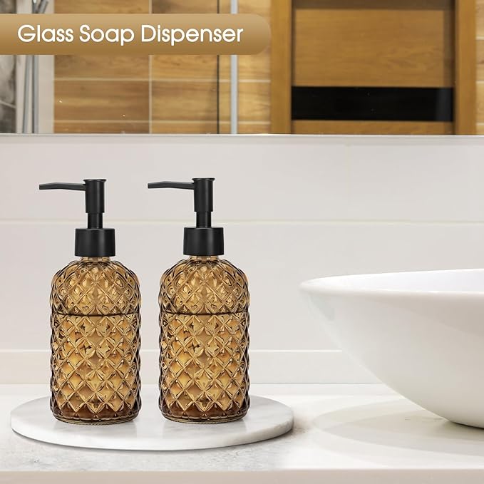 2 Pack Gem Glass Soap Dispenser with Black Plastic Pump, 13oz Liquid Hand Soap Dispenser, Rustproof Pump for Kitchen & Bathroom, Great for Lotions, Essential Oil, Liquid Soaps-Amber