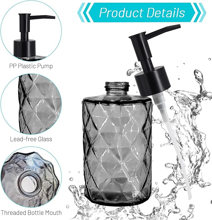 Glass Soap Dispenser with Plastic Pump, 330ml/11oz. Liquid Hand Soap Dispenser for Bathroom and Kitchen, Hand-Pump Dispenser for Dishwashing Liquid, Lotion, Soap, Shower Gel, Essential Oil (Black)