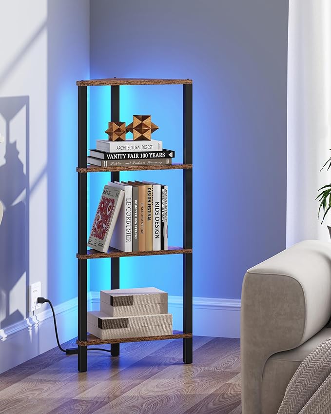 TUTOTAK Corner Shelf, 4-Tier Corner Bookshelf for Small Space, Narrow Display Corner Shelf Stand with Storage Rack, for Living Room, Bedroom, Rustic Brown BS05BB004L