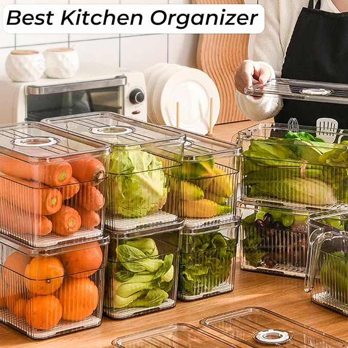 2 Pack Clear Refrigerator Organizers and Storage, Plastic Fridge Organizer Bins with Handle and Removable Drain Tray, Multi-Use Organizer Bins for Kitchen, Cabinets, Fridge, Drinks, Vegetable