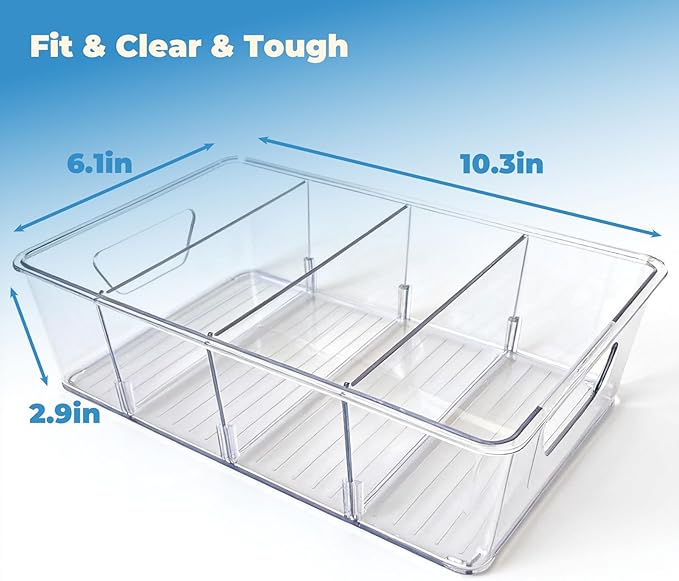 4 Pack Pantry Organizers and Storage, Clear Plastic with 3 Removable Dividers, for Tea Bag, Snack, Seasoning Organizer – BPA Free Perfect in Pantry and Fridge