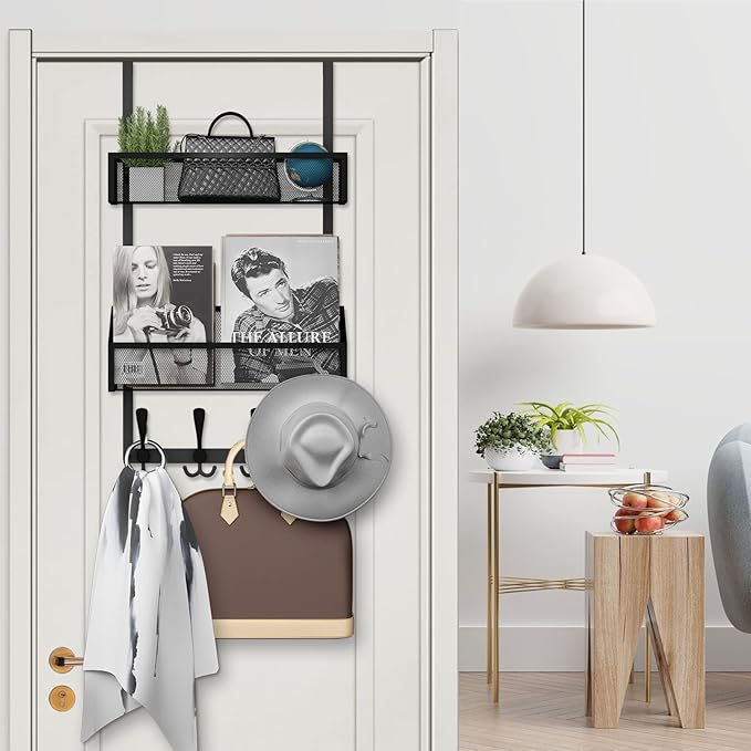 Kaiferty Over The Door Hooks Organizer, Coat Rack Over The Door Storage Hanger Towel Rack, Back of Door Storage Organizer for Bathroom,Bedroom,Kitchen,Office (Black, 3-Tier)