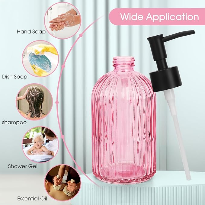 2 Pack Stripe Glass Soap Dispenser with Black Plastic Pump, 400ml Liquid Hand Soap Dispenser, Rustproof Pump for Kitchen & Bathroom, Great for Lotions, Essential Oil, Liquid Soaps- (Pink)
