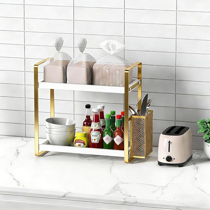 2-Tier Kitchen Storage and Organisation Rack with Side Baskets, Multifunctional Spice Rack Coffee Station Organizer for Kitchen, Coffee Bar, Bathroom, Office