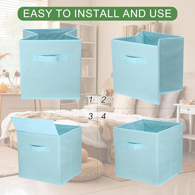 uxcell 3Pcs Fabric Storage Bins, 11 Inch Cube Storage Bin Foldable Storage Cube Organizer Bins with Handles for Shelf Closet, Nursery Home, Bedroom(Dark Blue)